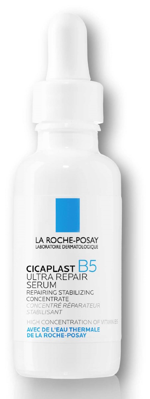 Een witte fles met pipetdop, gelabeld La Roche-Posay Cicaplast B5 serum voor huidherstel.