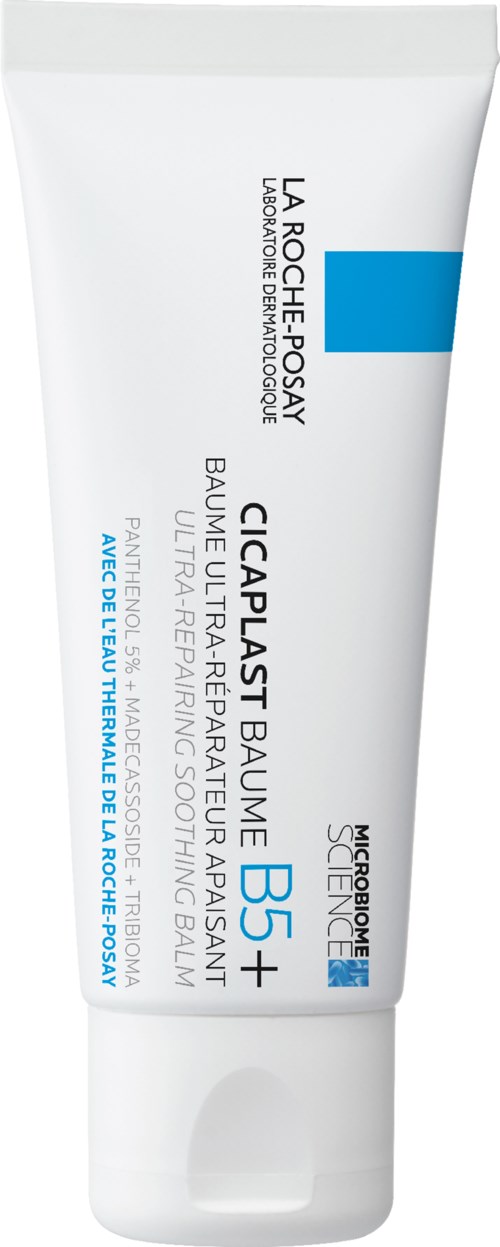 A white tube of La Roche-Posay skincare product with blue and black text, labeled for facial use, moisture, and strengthening.