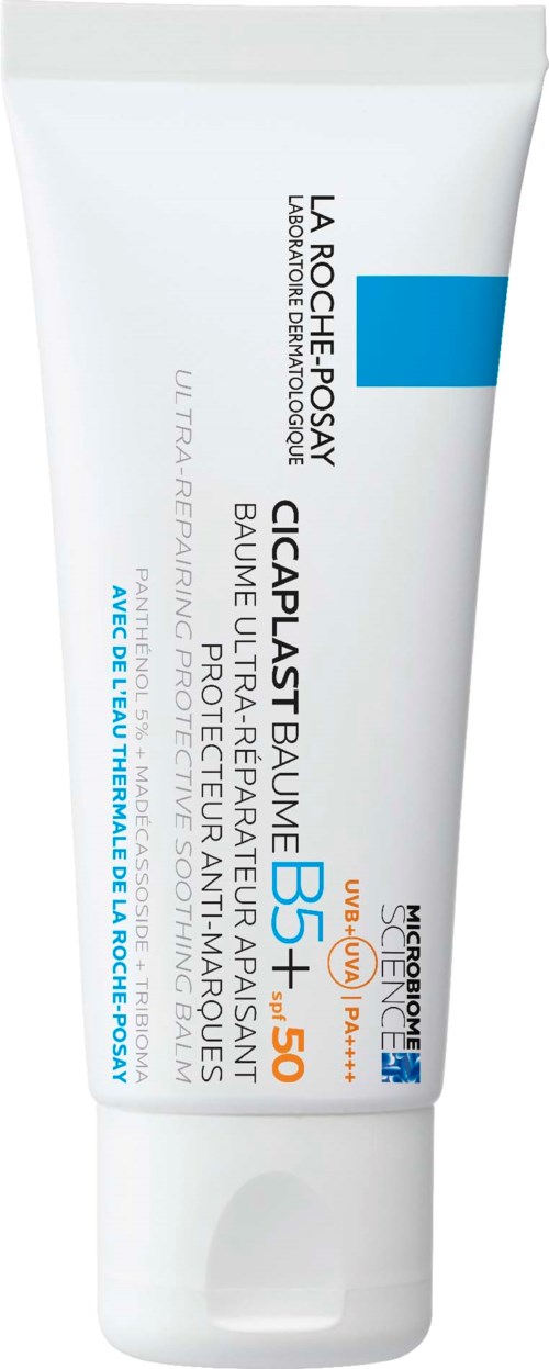 A white tube of La Roche-Posay sunscreen with blue and orange text, mentioning SPF 50 and broad spectrum protection.
