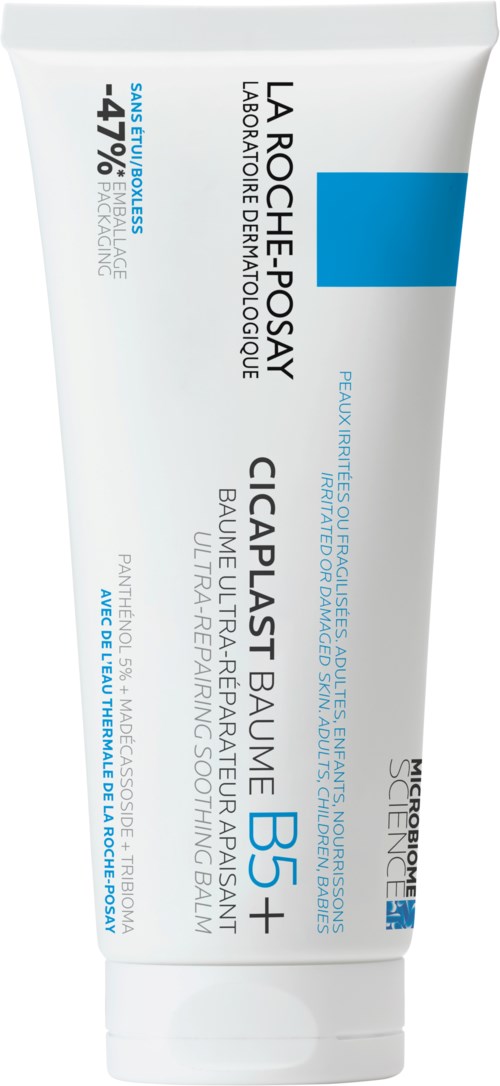 The tube is white with blue and black text, labeled La Roche-Posay B5+ for skin soothing and repair.