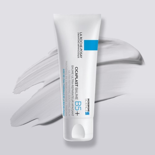 Tube of La Roche-Posay skincare with a white cream background and blue highlights.