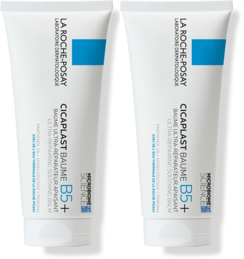 Two tubes of La Roche-Posay Cicaplast Baume B5+ cream are shown, standing upright with labels facing outward.