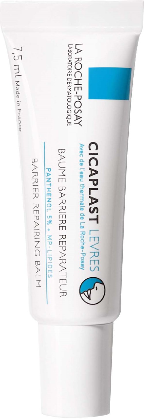 Witte tube van La Roche-Posay Cicaplast lippenbalsem met blauwe en zwarte tekst en logo.
