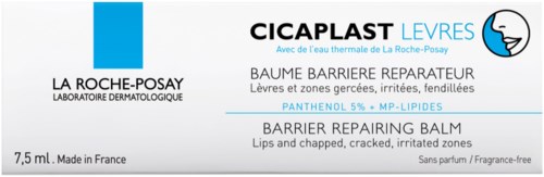 Een doosje Cicaplast Lippen lippenbalsem van La Roche-Posay voor gebarsten, geïrriteerde lippen, bevat 7,5 ml, gemaakt in Frankrijk.