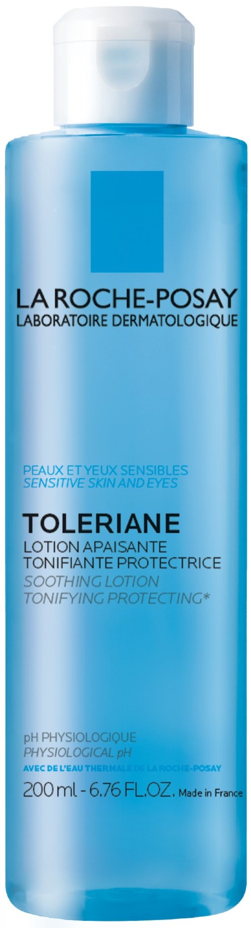Blauwe fles met La Roche-Posay-logo, bedoeld voor gevoelige huid, kalmerende, toniciserende lotion, 200ml.
