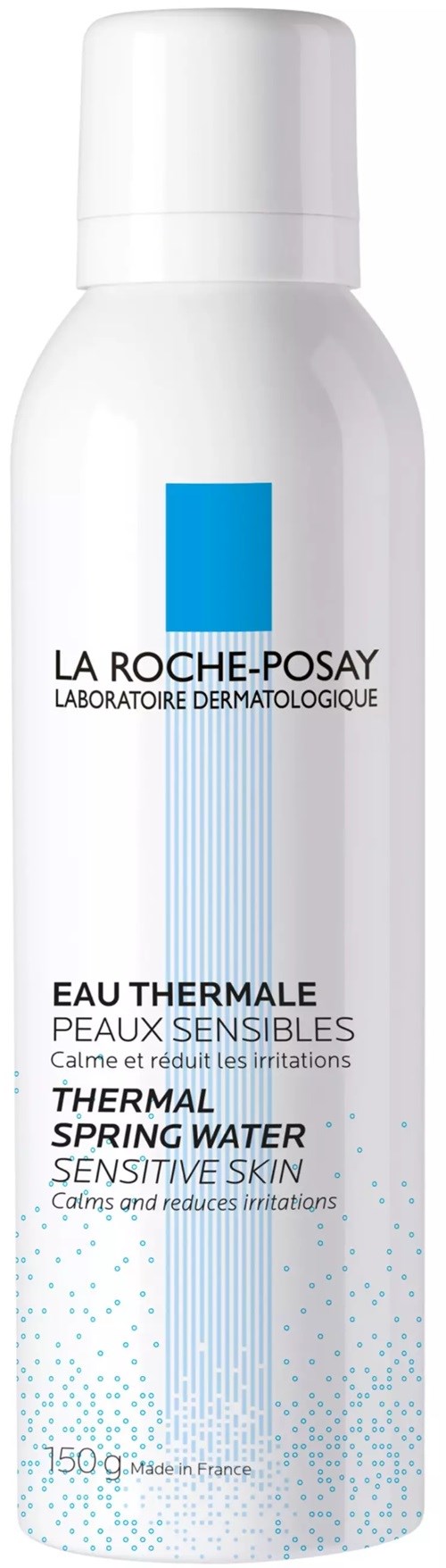 A white spray bottle with blue and black text, labeled La Roche-Posay thermal spring water for sensitive skin.