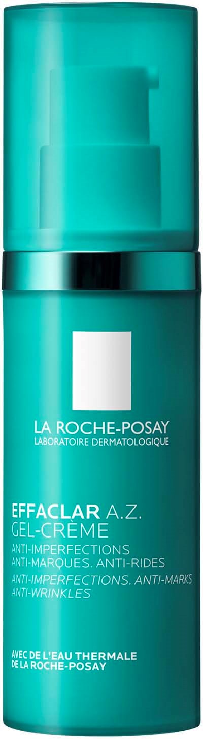 En turkosfärgad flaska med La Roche-Posay Effaclar A.Z. Gel-Creme för akne och hudfel. Har en pump.