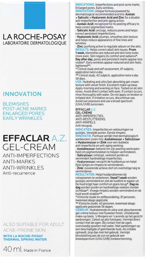 En hudvårdsproduktlåda visar La Roche-Posay Effaclar A.Z. gel-cream för akne, med information om användning och ingredienser.
