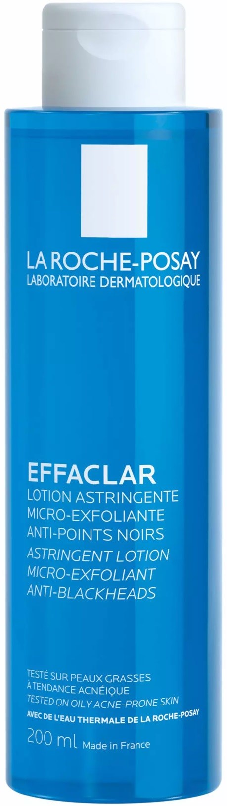 Blauwe fles van La Roche-Posay Effaclar- lotion tegen mee-eters. Eenvoudig ontwerp.
