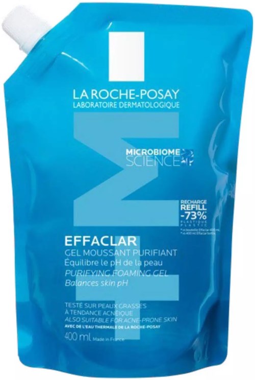 Blaue Nachfüllpackung für La Roche-Posay Effaclar reinigendes Schaumgel, 400ml, mit hautausgleichenden Inhaltsstoffen.