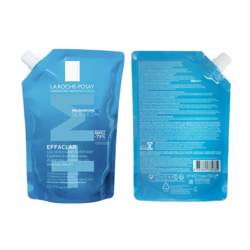 Blaue Nachfüllbeutel mit weißem Deckel, La Roche-Posay Effaclar Gel, für Hautreinigung. Text auf Verpackung mit Details.