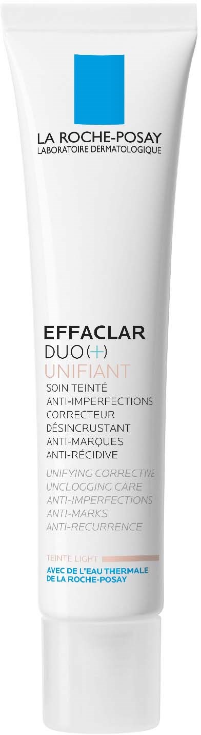 Eine weiße Tube mit La Roche-Posay Effaclar Duo Gesichtscreme, blau- und schwarzbeschriftet.