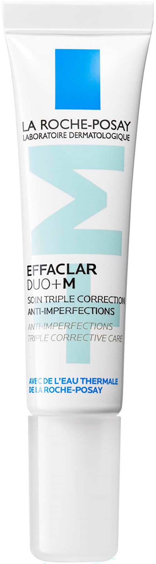 Tube of La Roche-Posay Effaclar Duo+ skin treatment with blue and white packaging.