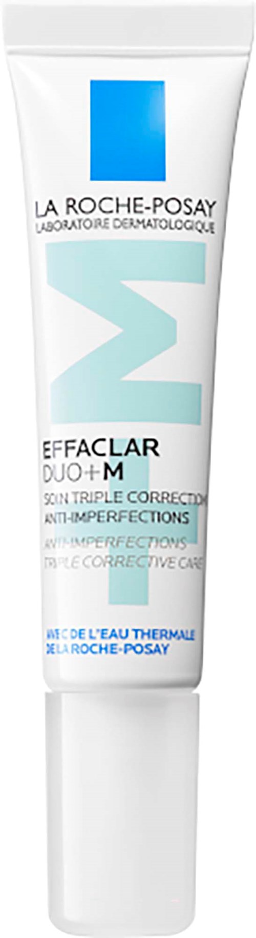 A tube of La Roche-Posay Effaclar Duo+ M anti-imperfection cream with blue and white packaging.