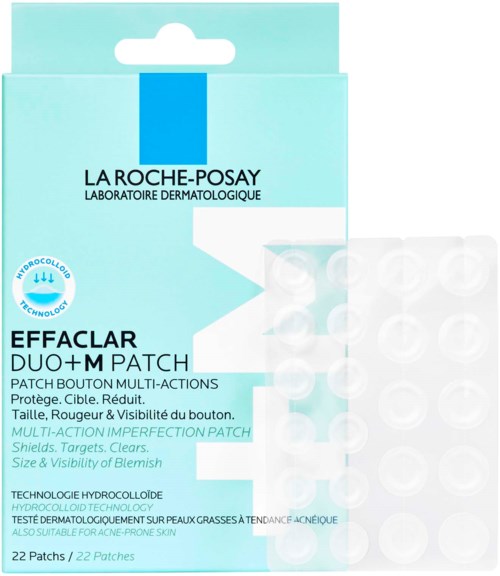 La Roche-Posay Effaclar Duo+ M Pleisterdoos met 22 pleisters, bedoeld om acne en onvolkomenheden te verminderen.