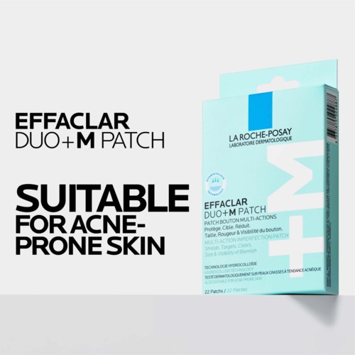 Verpakking van La Roche-Posay Effaclar Duo+M Puistpatches voor gevoelige huid. Eenvoudig ontwerp, blauw en wit, tekst op verpakking.