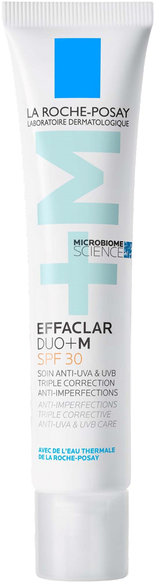 A white tube of La Roche-Posay Effaclar Duo+ M moisturizer with SPF 30, for acne-prone skin. Clean design with text and logo.