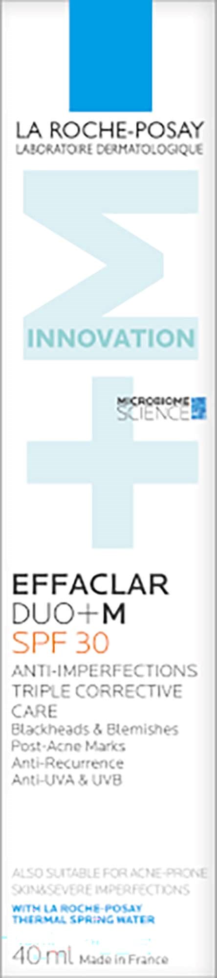 Box of La Roche-Posay Effaclar Duo+ M SPF 30 anti-imperfections cream for blemishes and acne, with ingredients list and product description.