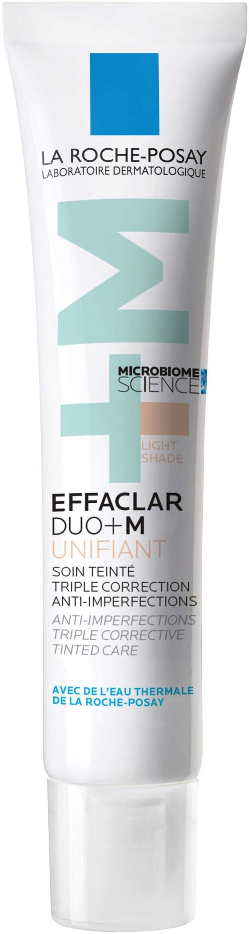 Een witte tube La Roche-Posay Effaclar Duo+ M Unifiant huidverzorgingsproduct met blauwe en zwarte tekst.