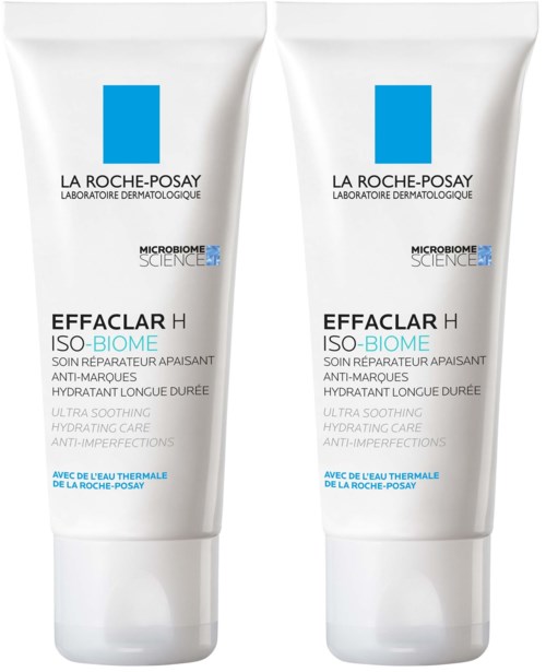 Twee witte tubes van La Roche-Posay Effaclar H ISO-BIOME huidverzorgingsproduct met blauwe en zwarte tekst.