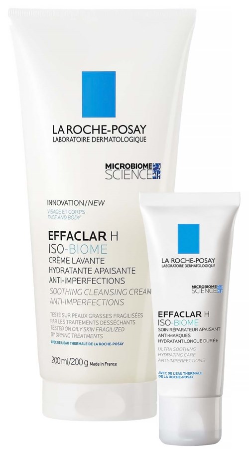 Two white tubes of skincare cream with blue labels from La Roche-Posay, promoting anti-imperfection and soothing effects.