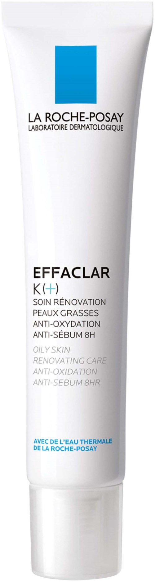 Een witte tube huidverzorgingsproduct van La Roche-Posay, gelabeld Effaclar K(+), voor vette huid en anti-oxidatie.