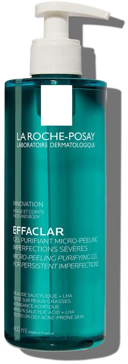 Een blauwgroene fles met pomp bevat La Roche-Posay Effaclar reinigende gel voor acne. Tekst beschrijft productinformatie.