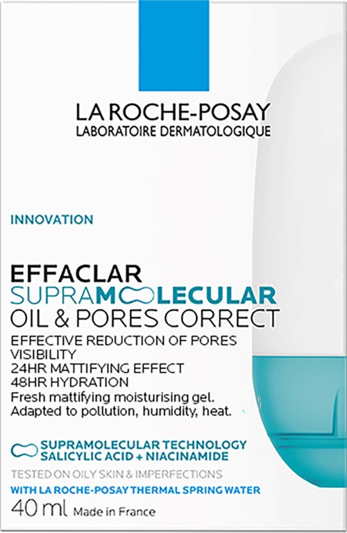 Product packaging for La Roche-Posay Effaclar Supramolecular Oil & Pores Correct, a skincare gel for oily skin.