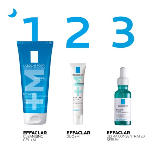 Drei Hautpflegeprodukte: Reinigungs-Gel, Duo-Creme und konzentriertes Serum aus der La Roche-Posay Effaclar Reihe.