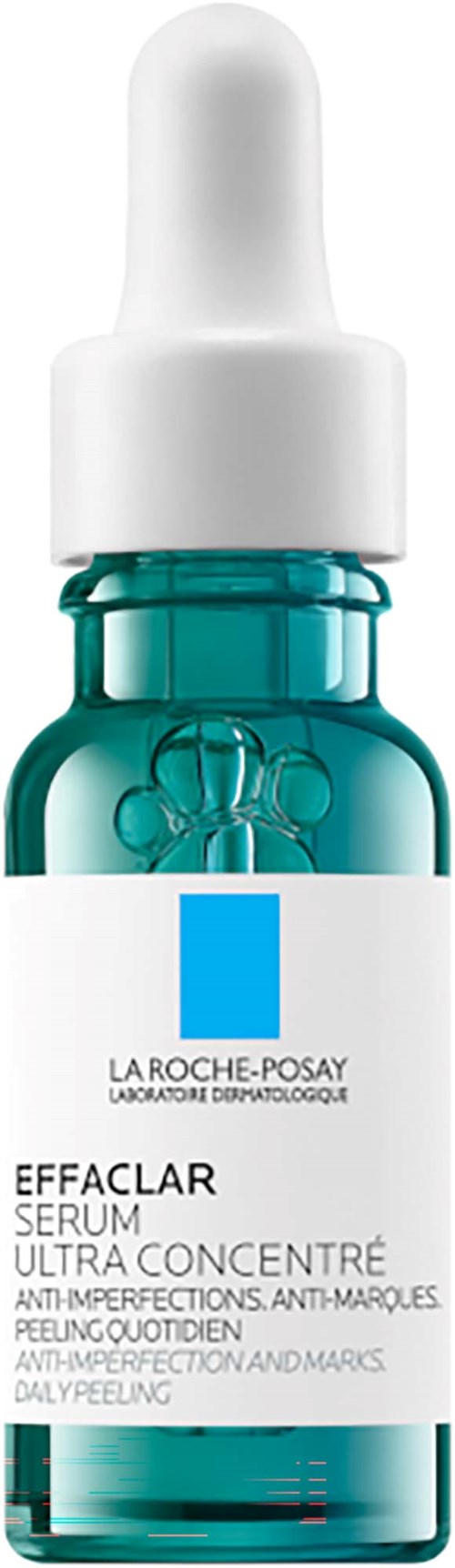 A small blue glass bottle with a white dropper cap containing La Roche-Posay Effaclar serum for acne and skin imperfections.