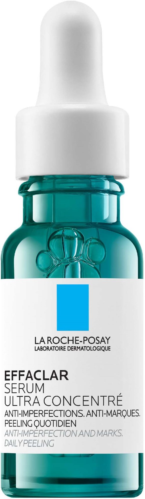 A small bottle of La Roche-Posay Effaclar serum with a white dropper cap and a teal glass container.