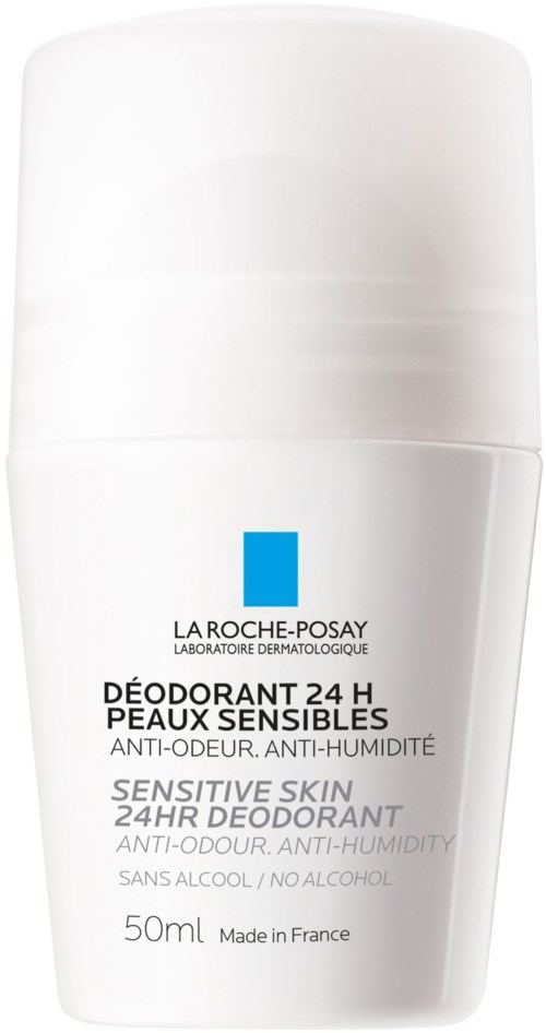 Een witte deodorantstiftverpakking voor gevoelige huid, 50 ml, genaamd La Roche-Posay, zonder alcohol, gemaakt in Frankrijk.