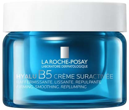 A blue jar of La Roche-Posay skincare cream with a white lid, labeled for firming and smoothing.