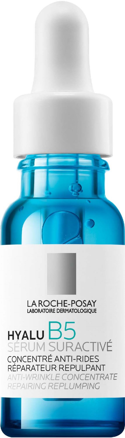 Blue dropper bottle of La Roche-Posay Hyalu B5 serum with white label and black text.