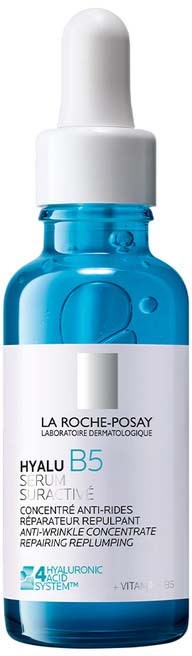 Een blauwe glazen fles met een witte pipet, gelabeld La Roche-Posay Hyalu B5 serum.