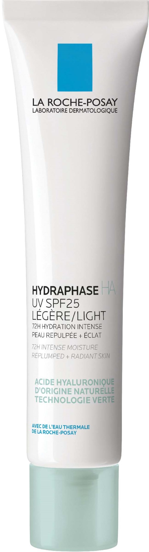 Witte tube met blauwe logo en zwarte tekst, gelabeld La Roche-Posay Hydraphase UV SPF25 voor hydratatie.