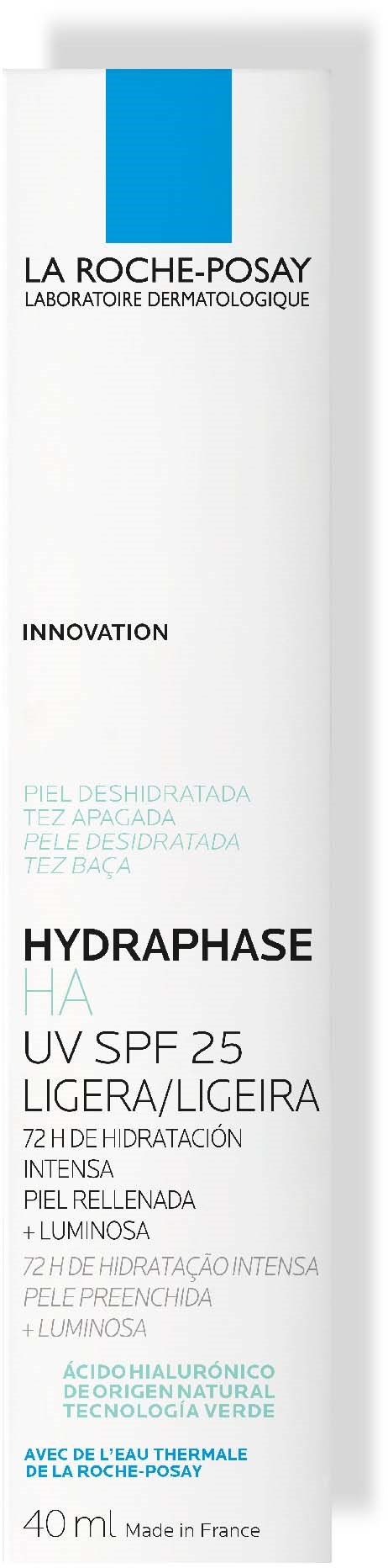 Een witte huidverzorgingsverpakking met blauwe en zwarte tekst, toont dat het voor hydraterende gezicht en SPF 25 is.
