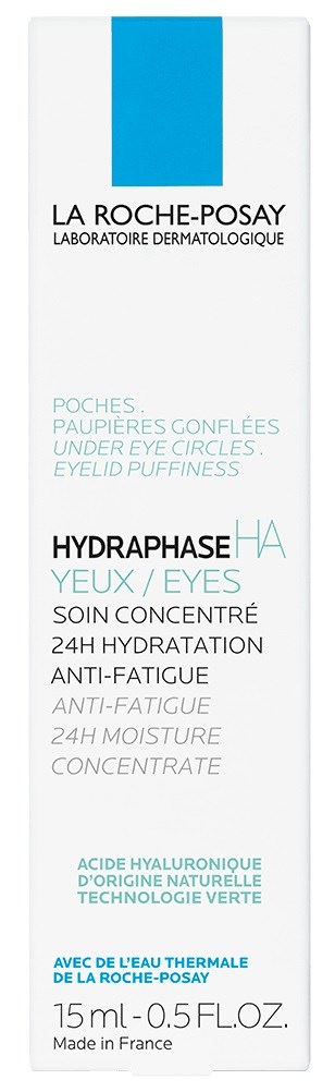The box of La Roche-Posay Hydraphase HA eye cream, showing its name, features, and ingredients in text.