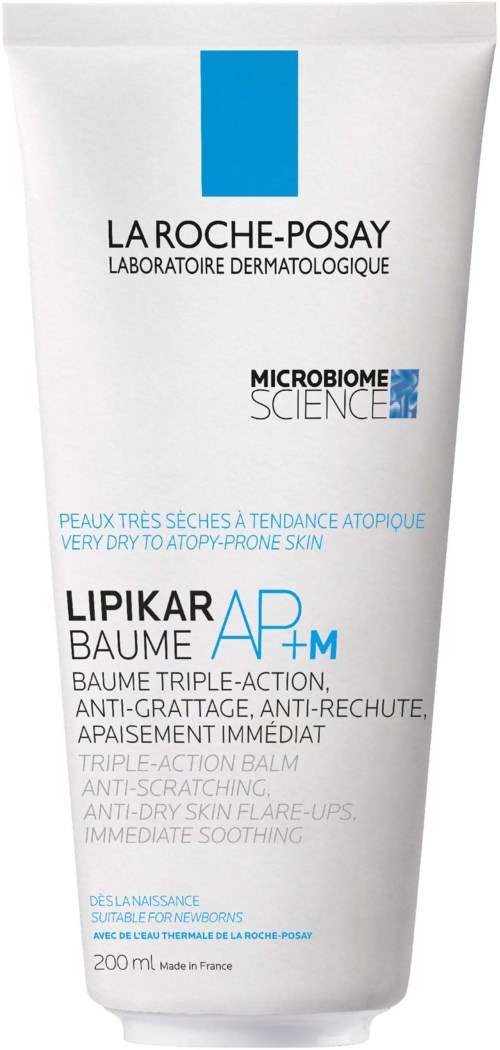 Een witte tube met La Roche-Posay-logo en blauwe accenten, beschrijft een huidverzorgingsbalsem tegen jeuk en droogheid voor zeer droge huid.