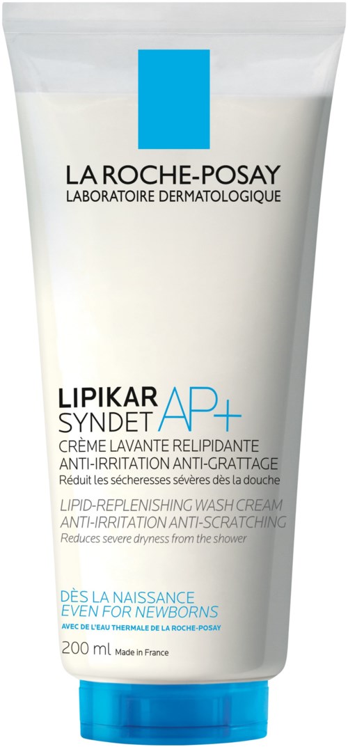 Eine weiße Tube mit La Roche-Posay Hautpflege, blauer Deckel, mit Produktnamen und Anweisungen für Babys und Trockenheit.