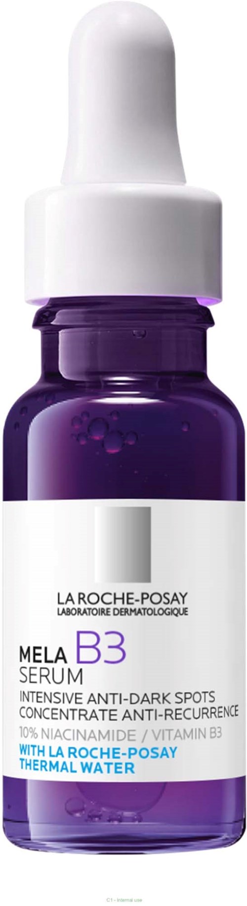A purple glass bottle with a white dropper cap, containing La Roche-Posay Mela B3 Serum for dark spots.