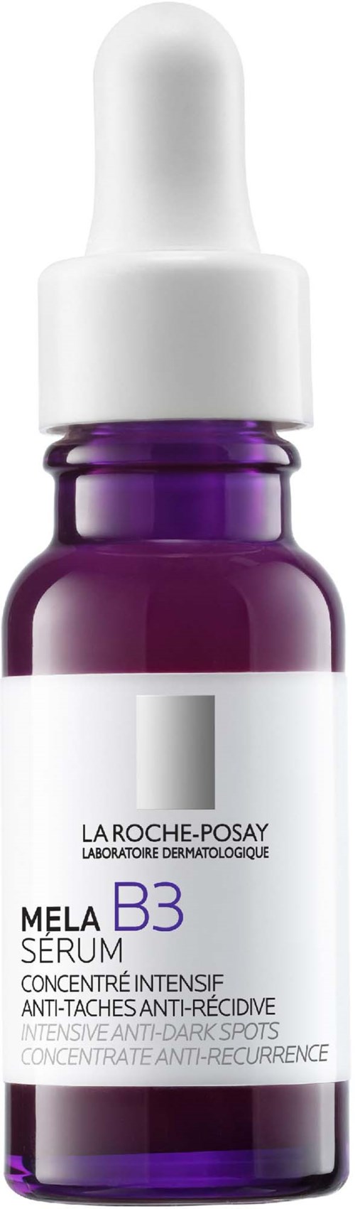 A purple glass bottle with a white dropper cap containing La Roche-Posay Mela B3 serum for skin brightening and dark spots.