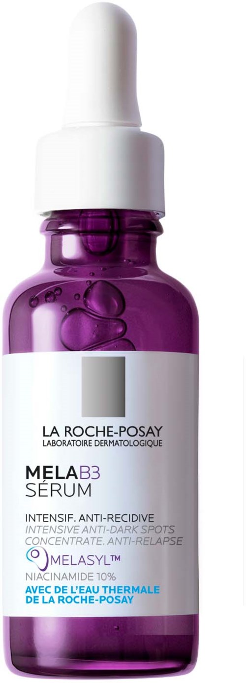 Een kleine paarse glazen fles met witte dop en pipet, gelabeld La Roche-Posay Melab3 Serum voor huid.