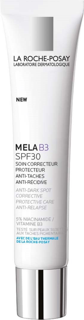 A white tube of La Roche-Posay skincare cream with text about SPF30 and color control.