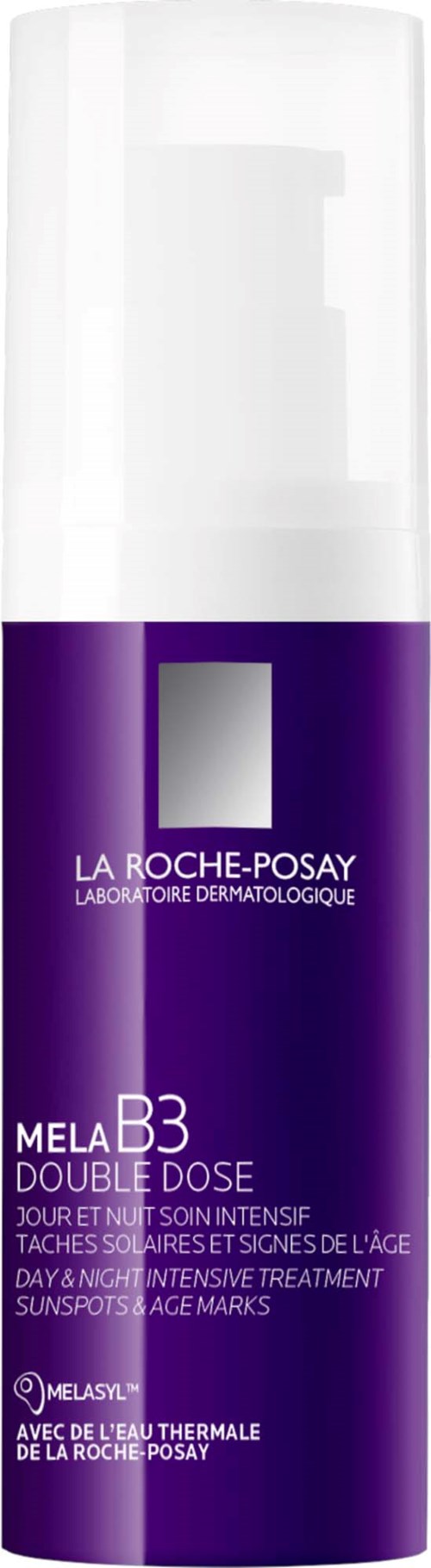 Purple and white La Roche-Posay skincare bottle with pump dispenser for Mela B3 Double Dose treatment.