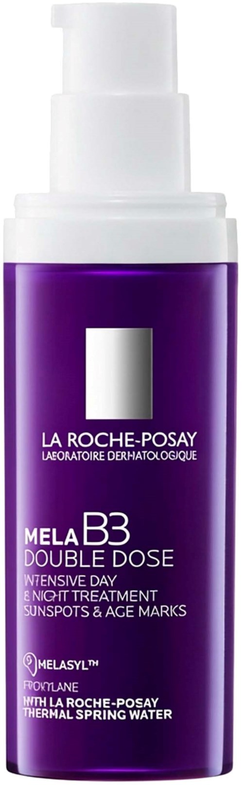 Purple skincare bottle with white pump and silver label, labeled La Roche-Posay Mela BB Double Dose, sunscreen and age marks.