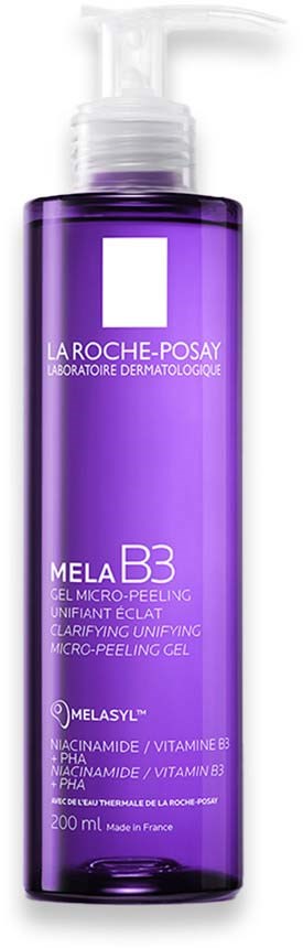 A tall purple bottle with a pump, labeled La Roche-Posay Mela B3, for skin peeling and brightening.