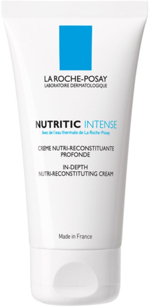 Een witte tube van La Roche-Posay Nutritic Intense-ruimte met blauwe en zwarte tekst, gemaakt in Frankrijk.