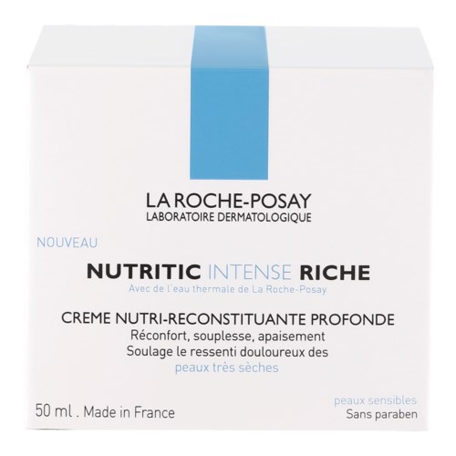 Een witte doos met blauwe en zwarte tekst over een huidverzorgingsproduct genaamd Nutritic Intense Riche van La Roche-Posay.