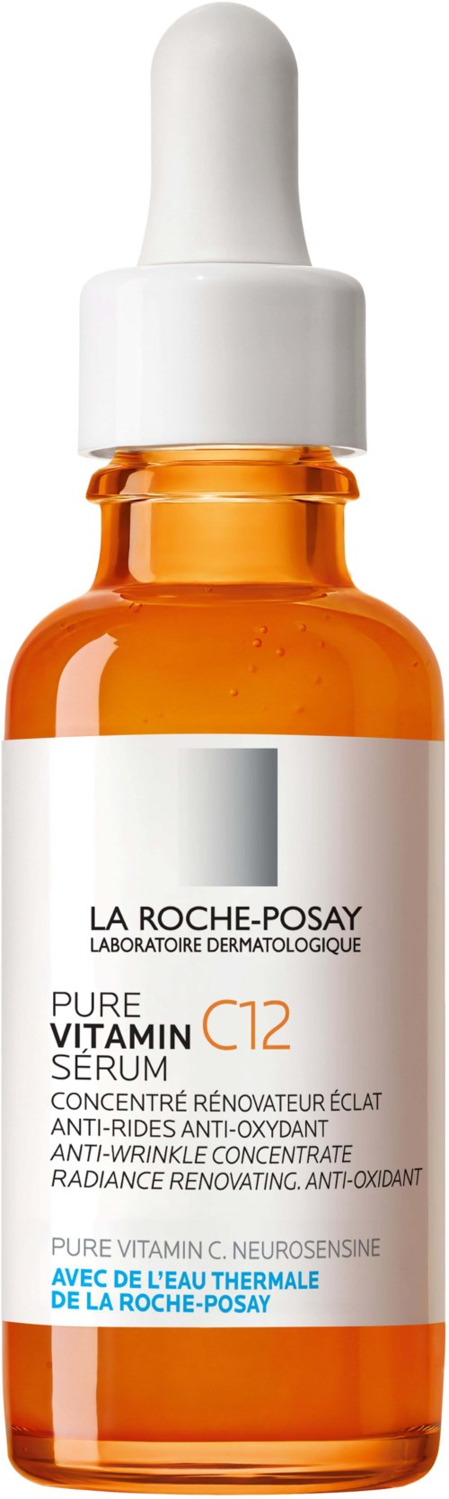 Amberkleurige glazen fles met witte pipetdop, gelabeld 'Pure Vitamin C12 Serum' door La Roche-Posay, voor huidverzorging.